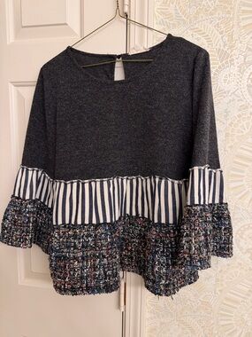 THML Navy Mixed-Texture Ruffle Hem Sweater